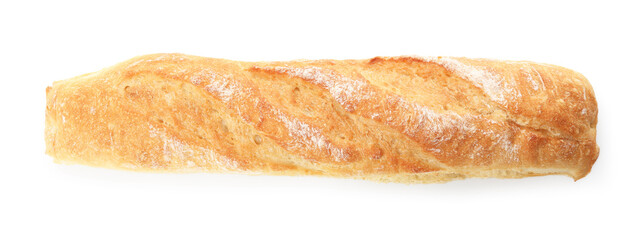 Whole freshly baked baguette isolated on white, top view
