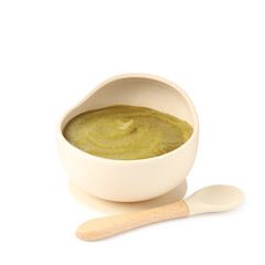 Baby food. Tasty puree in bowl and spoon isolated on white