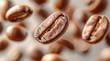 Fototapeta premium Floating Coffee Beans in Mid-Air with Soft Focus Background Capturing the Essence of Fresh Brewed Aroma