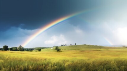 Naklejka premium Rainbow Arcing Over Golden Field and Rolling Hills