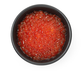 Delicious red caviar in bowl isolated on white, top view