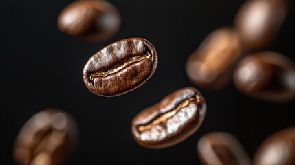 Fototapeta premium Floating Dark Roasted Coffee Beans Captured in Motion on a Black Background