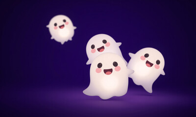 Three tiny glowing ghosts with round bodies and playful expressions float around. One sticks out its tongue