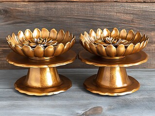 Gold Lotus Candle Holders on Wood