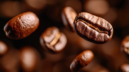 Fototapeta premium Close-up View of Isolated Roasted Coffee Beans in Motion on a Dark Background