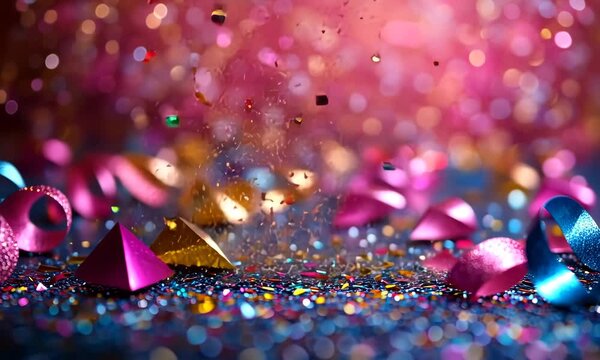 Festive bokeh background with colorful confetti and ribbons for celebration events