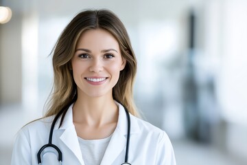 Confident Female Doctor in White Coat and Stethoscope, Smiling in Front of High-Tech Medical Background, Healthcare Professional, Medical Portrait, Doctor’s Office, Medical Team