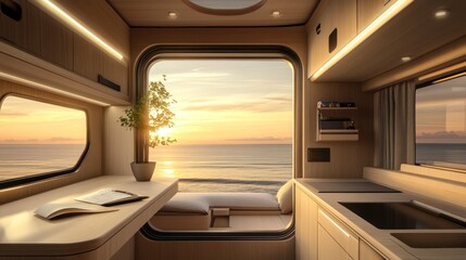 Fototapeta premium Coastal mobile home interior. Spacious and modern kitchen and living area with large ocean view
