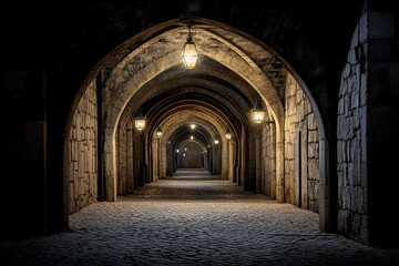 Obraz premium A gothic-style Lisbon alleyway at night, with flickering lanterns and mysterious shadows