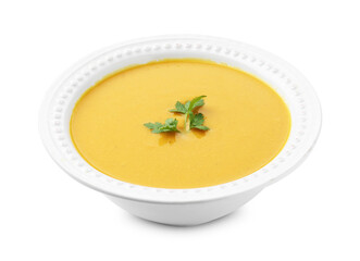 Delicious lentil cream soup with parsley isolated on white