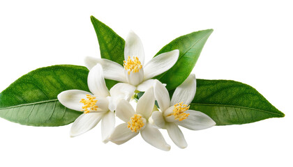 Neroli blossom, orange tree white flowers and buds bunch Isolated On PNG Transparent and White Background 