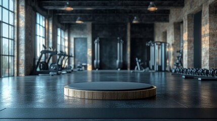 An empty podium in the center of a spacious gym, workout equipment in the background 
