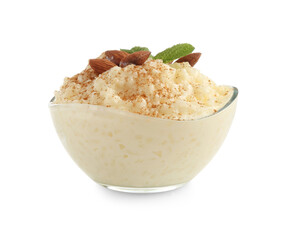 Delicious rice pudding with cinnamon, almonds and mint isolated on white
