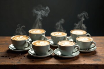 Aromatic Steaming Cups of Latte Art on Rustic Wooden Surface