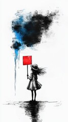 Powerful Charcoal Illustration of a Peaceful Child Holding a Red Sign Against a Dramatic Black and Blue Background