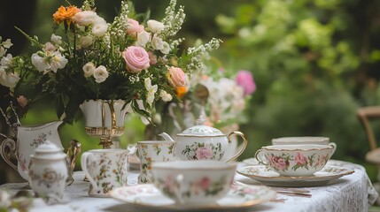 Floral tea party in a garden setting