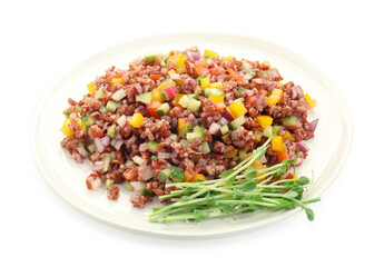 tasty salad with brown rice isolated on white