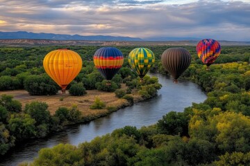Fototapeta premium A hot air balloon festival in New Mexico, with travelers admiring hundreds of colorful balloons in the sky