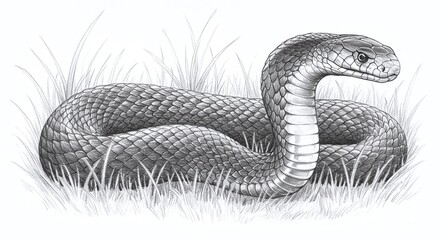 Fototapeta premium Serene Cobra in Grass: A Detailed Pencil Sketch