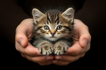 A kitten being gently held in a person hands, its tiny paws reaching out