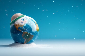 Fototapeta premium Glass planet Earth wrapped in winter hat and scarf on blue background 