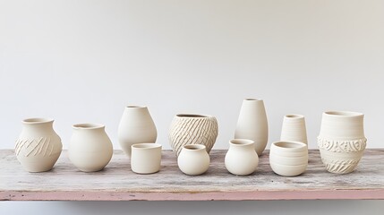 Handmade Ceramic Pottery Collection on Wooden Shelf