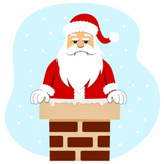 slightly grumpy santa claus peeks from a brick chimney in a winter scene