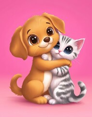 Naklejka premium Cute puppy hugging a kitten with a pink background