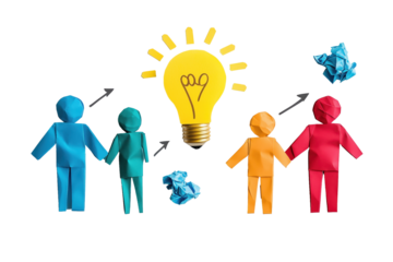 Innovation and Unity: Conceptual image showcasing teamwork and innovative ideas, with paper figures connecting to a lightbulb.