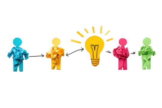 Illumination of Ideas: A creative representation showing the genesis of ideas and collaboration of different people. a group of multi-colored figures connected with arrows.