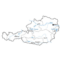 Austria map with regions, waters, cities and their names