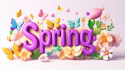 whimsical illustration of the word Spring, rendered in a large, bold, purple font with light-colored butterflies, flowers, and leaves arranged around it