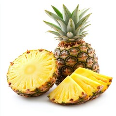 Ripe Pineapple Halved and Sliced on White Background