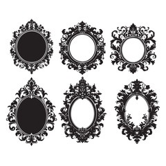 Gothic vintage frame set, vector royal baroque border, dark classic antique ornament, floral oval. Victorian elegant mirror, rococo magic ornate decoration with copy space.