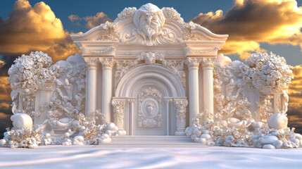Naklejka premium Whimsical Baroque Gateway: Celestial White Marble Fantasy Landscape