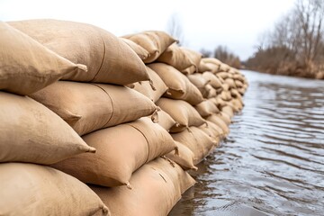 Sandbags Piled Along Riverbank, Water Inch Closer to Barrier, Flood Resilience Preparation, Emergency Response, Natural Disaster Management, Flood Control, Disaster Preparedness