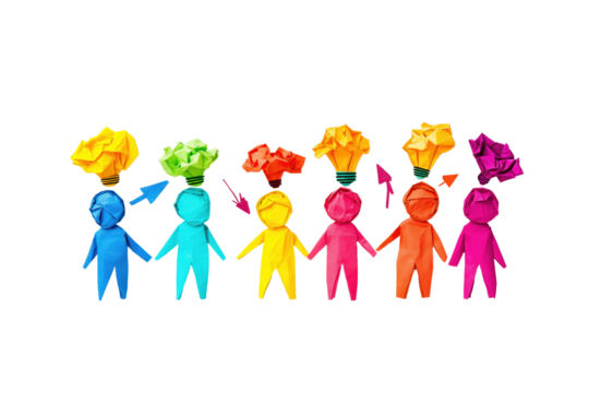 Collective Brilliance: A diverse assembly of stylized human figures, each connected, with creative lightbulb heads symbolizing innovative concepts and a collaborative spirit.