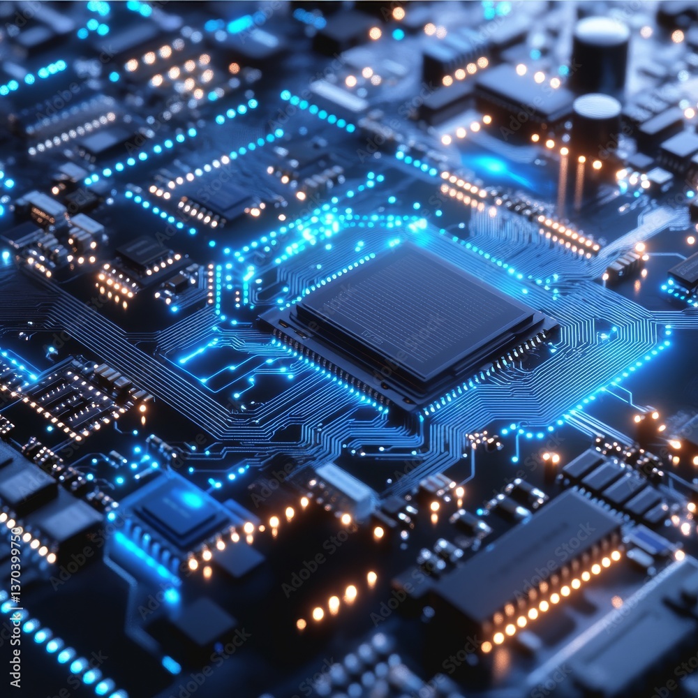 Poster illuminated circuit board: close-up of motherboard with glowing components and traces, a detailed fu