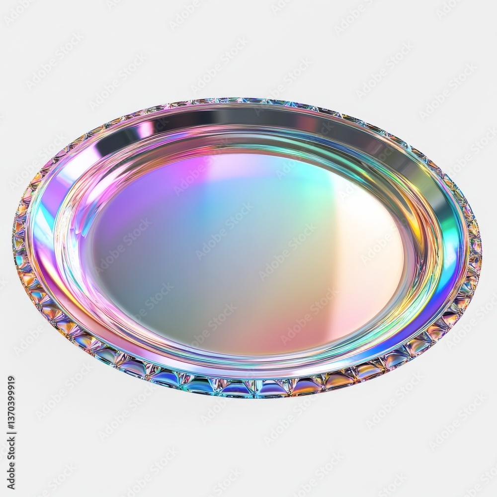 Poster iridescent oval plate with textured edges, shimmering colors and abstract design on a white backgrou