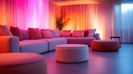 A vibrant, modern living room features plush cushions and ambient lighting in a spectrum of colors, creating a lively and dynamic ambiance perfect for relaxation and creativity.