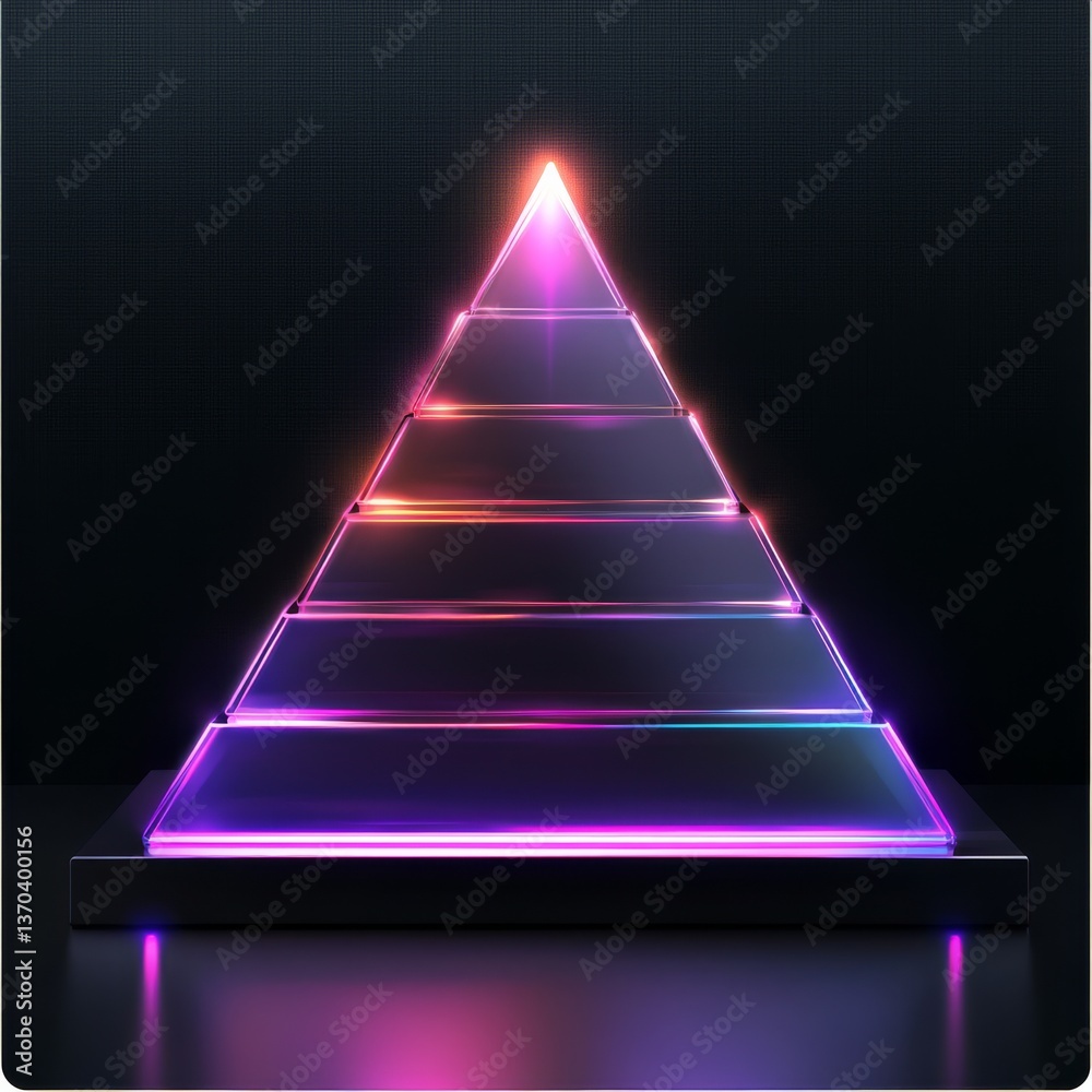 Poster neon illuminated pyramid structure on black, a visual representation of hierarchy, achievement, and 
