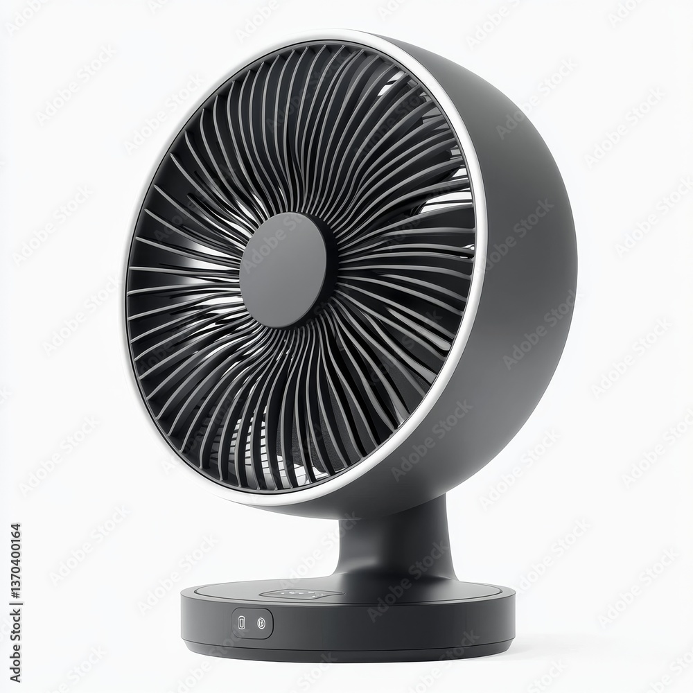 Poster modern gray table fan with sleek design on white background for cooling and air circulation in the h