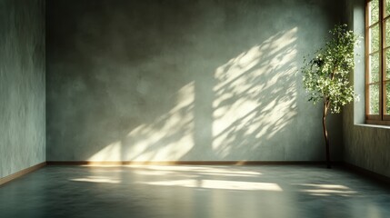 Fototapeta premium A tranquil room featuring soft natural light, casting gentle shadows on an empty wall, complemented by a single tree, evoking feelings of peace and tranquility.