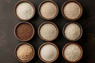 Fototapeta premium Gluten-Free Grains in Wooden Bowls on Rustic Table: Quinoa, Millet, Buckwheat, Amaranth, Rice with Elegant Labels, Educational and Aesthetic Infographic Style