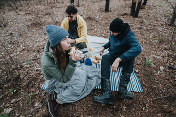 Three young friends share a pleasant outdoor meal surrounded by a woodland atmosphere. They are...