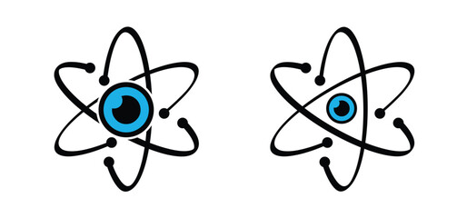 Eye, atomic whirl molecule icon. Science symbol. Nuclear energy, scientific research and molecular chemistry. Structure, formula, electron, proton, neutron, elementary particle the nucleus of an atom.