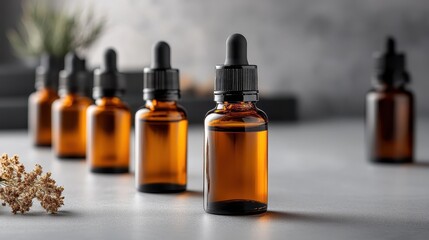 A collection of amber dropper bottles set against a stylish backdrop, showcasing their elegant design and practical use in aroma therapy, skincare, and essential oils.