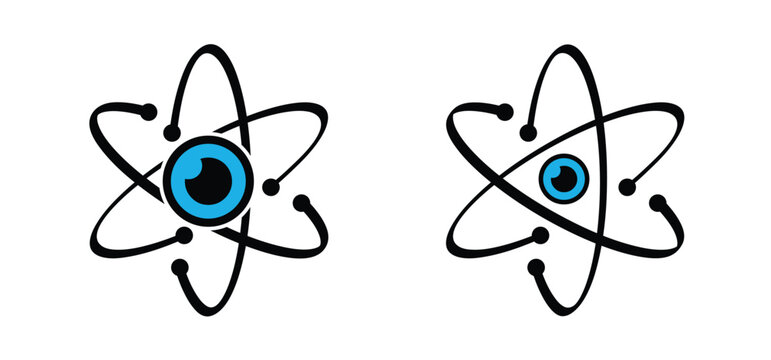 Eye, atomic whirl molecule icon. Science symbol. Nuclear energy, scientific research and molecular chemistry. Structure, formula, electron, proton, neutron, elementary particle the nucleus of an atom.