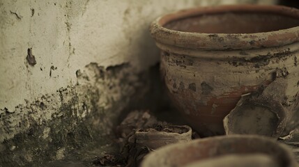 Ancient Pottery Remains Near Old Wall, Weathered Clay Pots