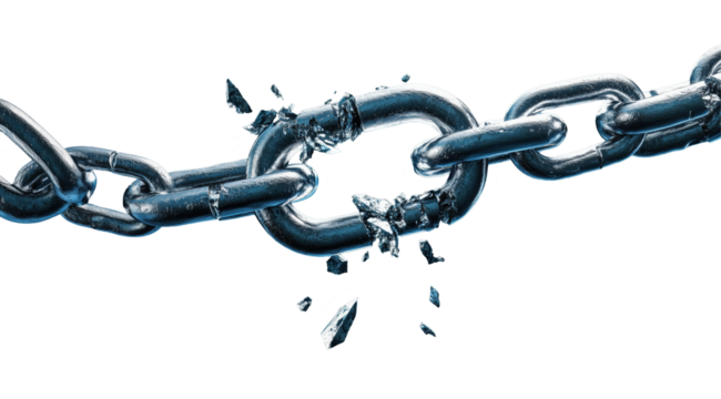 Breaking Free: A close-up of a chain, visually representing the concept of breaking free, escape, or liberation. Broken links symbolize overcoming obstacles or challenges.